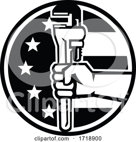 Hand of American Plumber Holding Pipe Wrench USA Flag Circle Retro Black and White by patrimonio