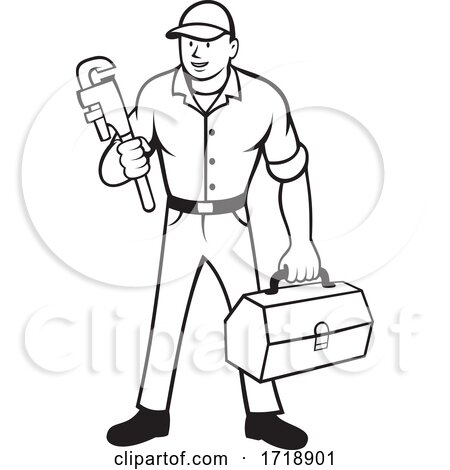 Plumber Holding Monkey Wrench and Toolbox Cartoon Black and White by patrimonio