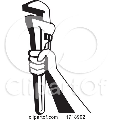 Hand of Plumber Holding up Pipe Wrench Retro Black and White by patrimonio