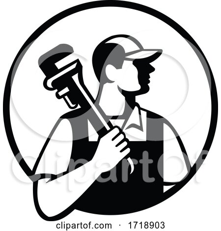 Plumber Holding Pipe Wrench Looking to Side Circle Retro Black and White by patrimonio