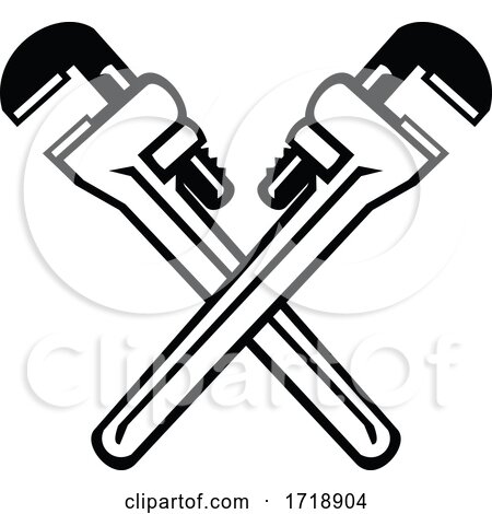 Crossed Adjustable Pipe Wrench or Monkey Wrench Retro Black and White by patrimonio