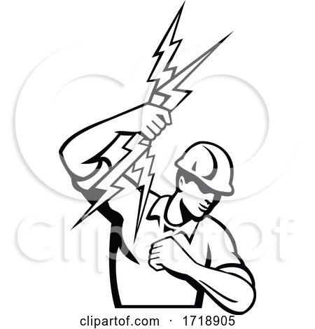 Power Lineman Electrician Throwing Lightning Bolt Black and White Retro by patrimonio