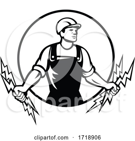Electrician Power Lineman Holding Two Lightning Bolts Circle Retro Black and White by patrimonio