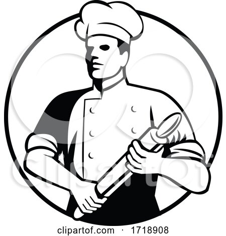 Baker Chef Cook Holding Rolling Pin Retro Black and White by patrimonio