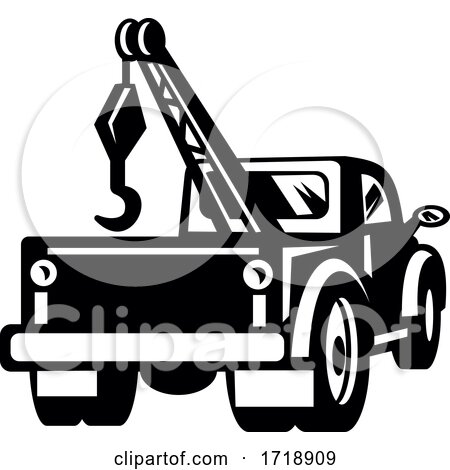 Vintage Tow Truck or Wrecker Pick up Truck Rear View Retro Black and White by patrimonio