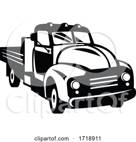 Vintage American Pickup Truck with Wood Side Rails Front Retro Woodcut Black and White by patrimonio