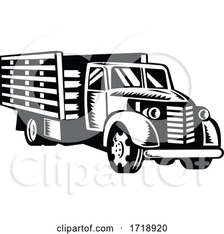 Classic American Pickup Truck with Wood Side Rails Front Retro Woodcut Black and White by patrimonio