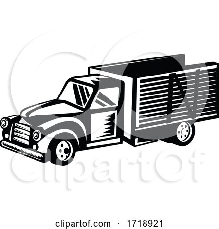 Vintage Classic American Pickup Truck with Wood Side Rails Retro Woodcut Black and White by patrimonio