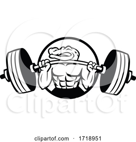 Alligator Lifting Heavy Barbell Weight Circle Mascot Black and White by patrimonio