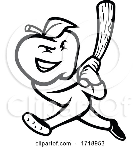 Apple with Baseball Bat Batting Mascot Black and White by patrimonio