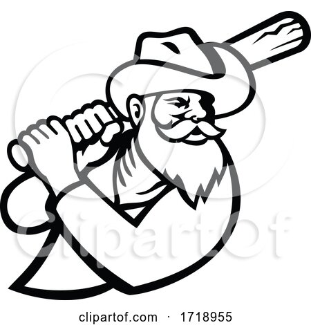 Miner with Baseball Bat Batting Side View Mascot Black and White by patrimonio