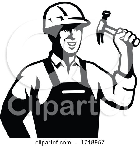 Builder Carpenter Handyman Holding Hammer Front Retro Black and White by patrimonio