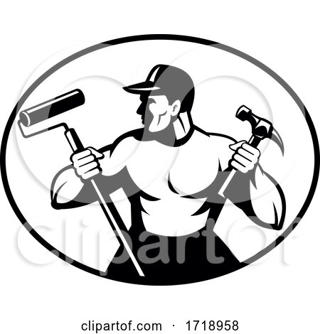 Builder Handyman Painter or Carpenter Holding Hammer and Paint Roller Retro Black and White by patrimonio