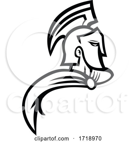 Bust of Trojan Warrior Side View Mascot Black and White by patrimonio