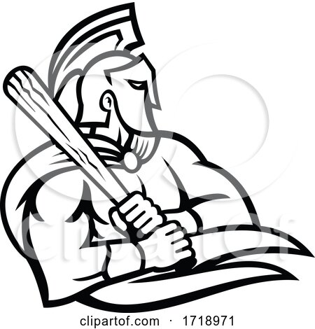 Spartan or Trojan Warrior with Baseball Bat Batting Mascot Black and White by patrimonio