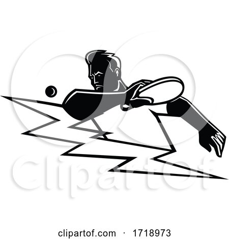 Table Tennis Player Striking Ping Pong Ball Lightning Bolt Mascot Black and White by patrimonio
