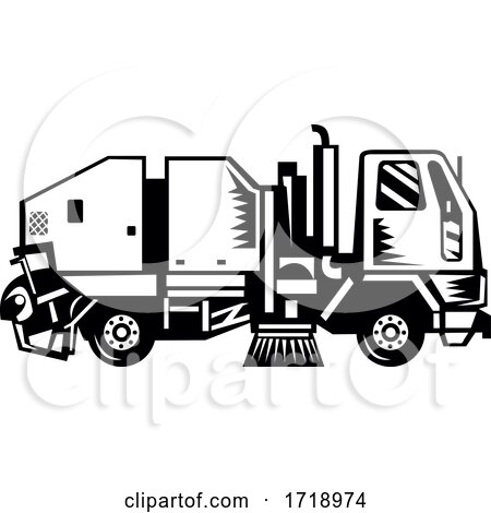 Street Cleaner Truck Side View Retro Woodcut by patrimonio