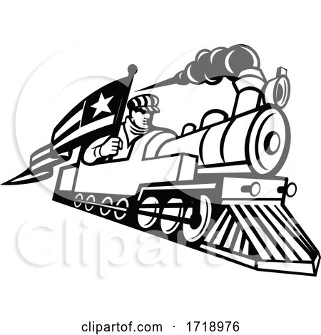 American Train Engineer Driving Steam Locomotive Mascot Black and White by patrimonio