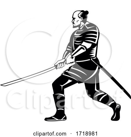 Samurai Warrior with Katana Sword in Fighting Stance Retro Black and White by patrimonio