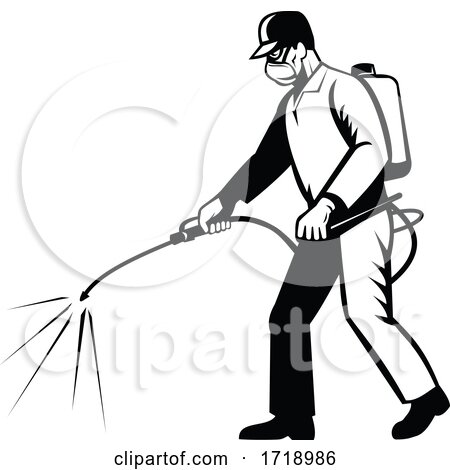 Pest Control Exterminator Spraying Chemical Disinfectant Pesticide Retro Black and White by patrimonio