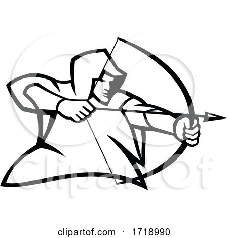 Medieval Archer Shooting a Bow and Arrow Mascot Black and White by patrimonio
