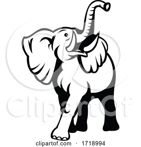 Elephant with Long Tusk Looking up Mascot Retro Black and White by patrimonio