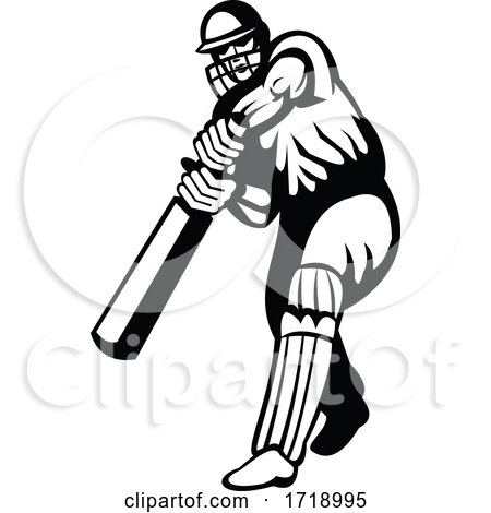 Cricket Batsman with Bat Batting Viewed from Front Retro Black and White by patrimonio
