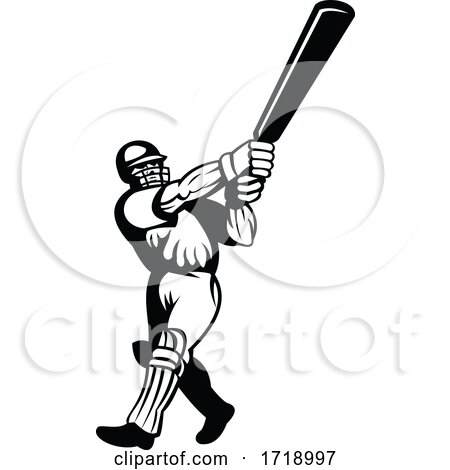 Cricket Batsman with Bat Batting Viewed from Side Retro Black and White by patrimonio