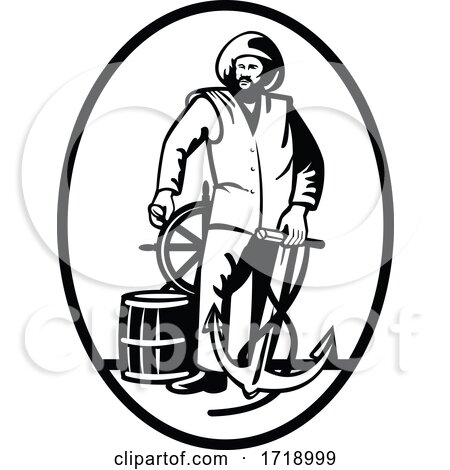 Commercial Fisherman at the Helm with Anchor and Wooden Barrel Retro Black and White by patrimonio