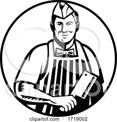 Butcher with Meat Cleaver Knife Front View in Circle Woodcut Black and White by patrimonio