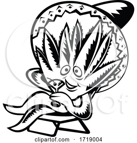 Agave Plant Wearing Sombrero Sitting and Sipping Martini Woodcut Black and White by patrimonio