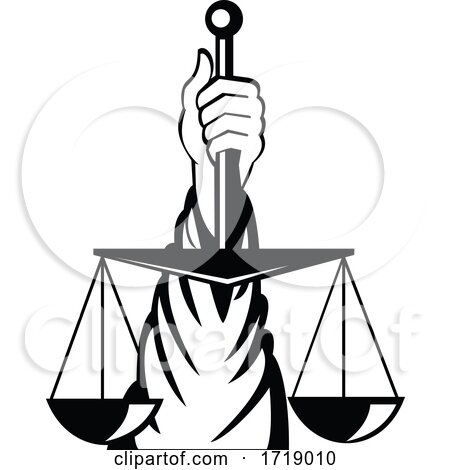 Hand of Lady of Justice Holding Weighing Scale Retro Black and White by patrimonio