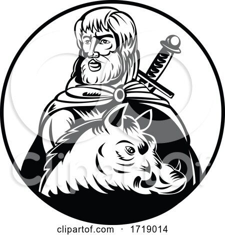 Freyr or Frey God in Norse Mythology with Sword and Wild Boar Retro Woodcut Black and White by patrimonio