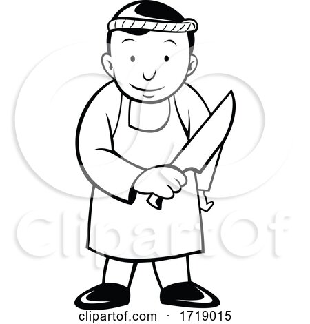 Cartoon Japanese Butcher Holding Knife Viewed from Front Black and White by patrimonio