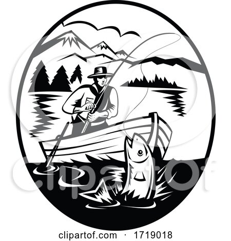 Trout Fisherman on Boat Fishing in Lake with Rod and Reel Hooking Fish Retro Black and White by patrimonio
