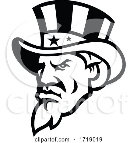 Head of American Uncle Sam Wearing USA Top Hat Mascot Black and White by patrimonio