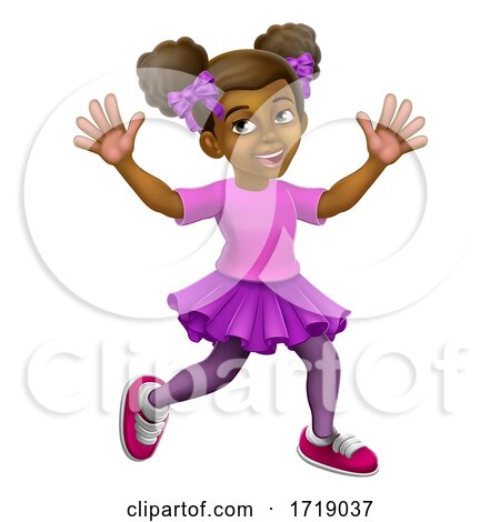Happy Black Girl Cartoon Child Kid Waving Running by AtStockIllustration