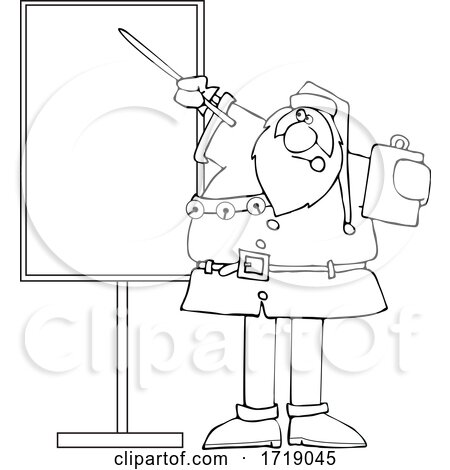 Cartoon Black and White Sauta Claus Talking and Pointing to a Board by djart