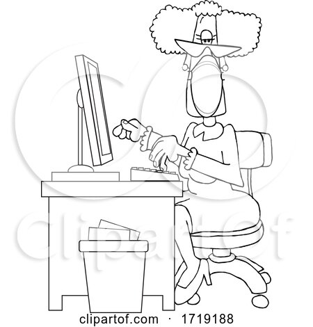 Cartoon Black and White Senior Female Secretary Wearing a Mask at Her Desk by djart