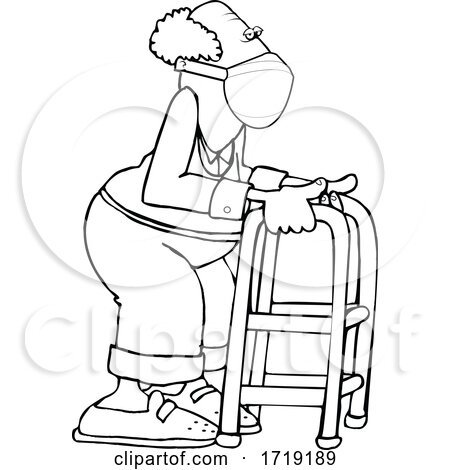 Cartoon Black and White Senior Man Wearing a Mask and Using a Walker by djart