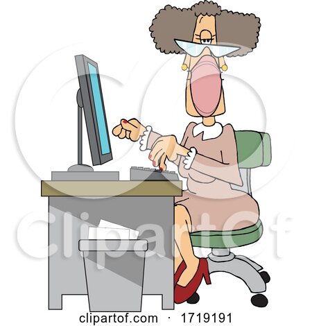 Cartoon Senior White Female Secretary Wearing a Mask at Her Desk by djart