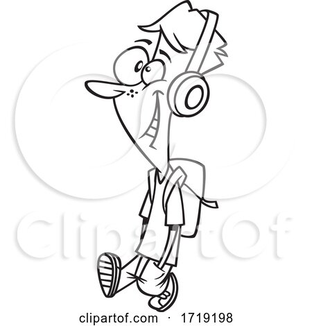 Cartoon Outline Teen Guy Walking and Wearing Headphones by toonaday