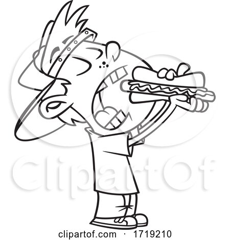 Cartoon Outline Boy Taking a Big Bite of a Hot Dog by toonaday