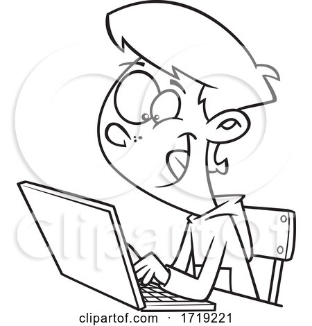Cartoon Outline Teen Boy Using a Laptop by toonaday
