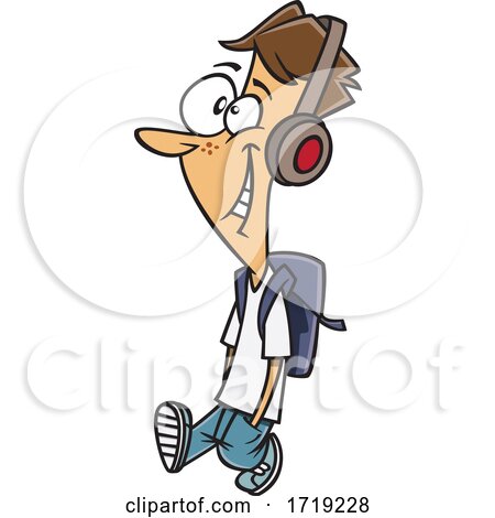 Cartoon Teen Guy Walking and Wearing Headphones by toonaday