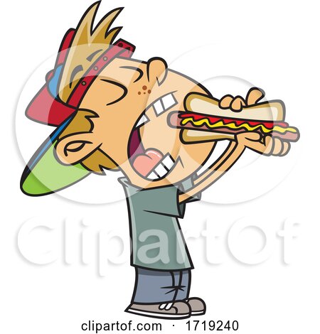 Cartoon Boy Taking a Big Bite of a Hot Dog by toonaday