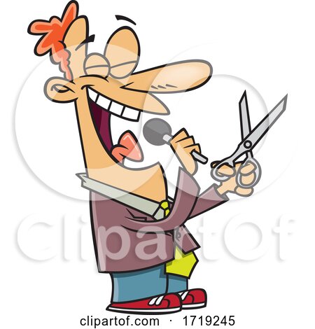 Cartoon Man Talking into a Microphone and Holding Scissors by toonaday