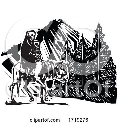 Black and White Woodcut Horseback Skeleton and Mountain by xunantunich
