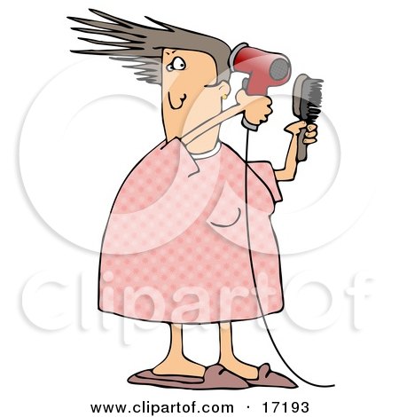 Caucasian Woman Her Pjs Holding A Hairbrush And Using A Red Blow Dryer To Dry And Style Her Hair While Getting Ready For Work In The Morning Clipart Illustration Image by djart