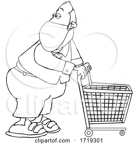 Cartoon Black and White Essential Store Worker Wearing a Mask and Standing with a Cart by djart
